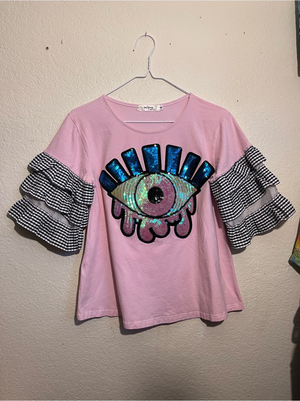 Pink Sequin Eye Ruffle Sleeve Blouse